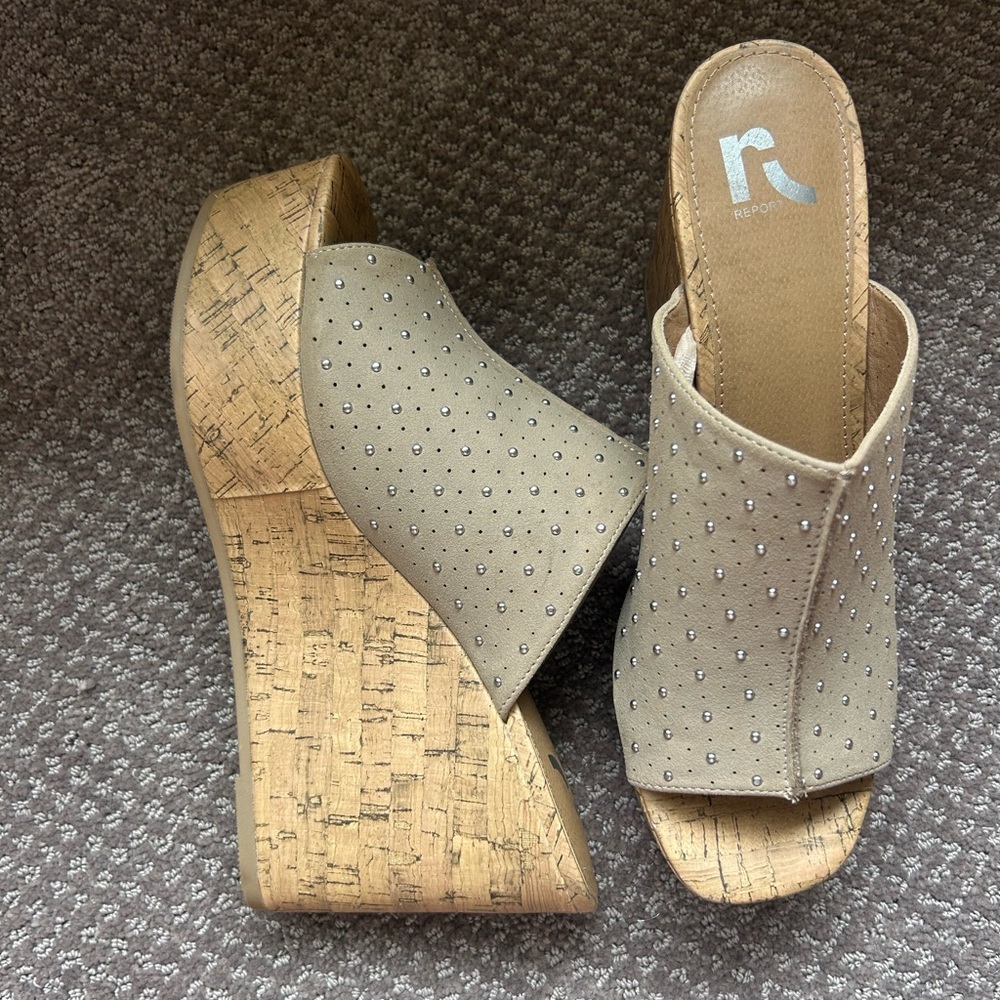 Report Signature Tan Wedge Sandals with Cork Heel